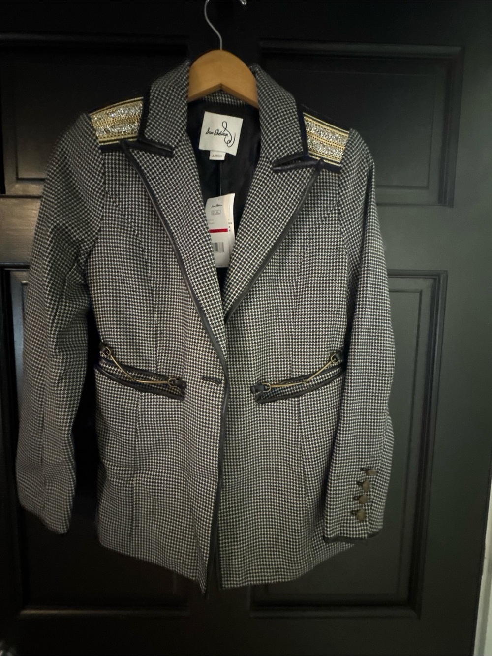 Sam Edelman Black & White Houndstooth Embellished Blazer
